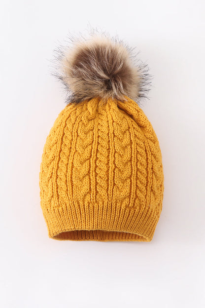 Mustard cable knit pom pom beanie hat baby toddler adult