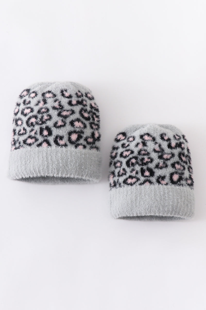 Grey leopard beanie hat toddler adult