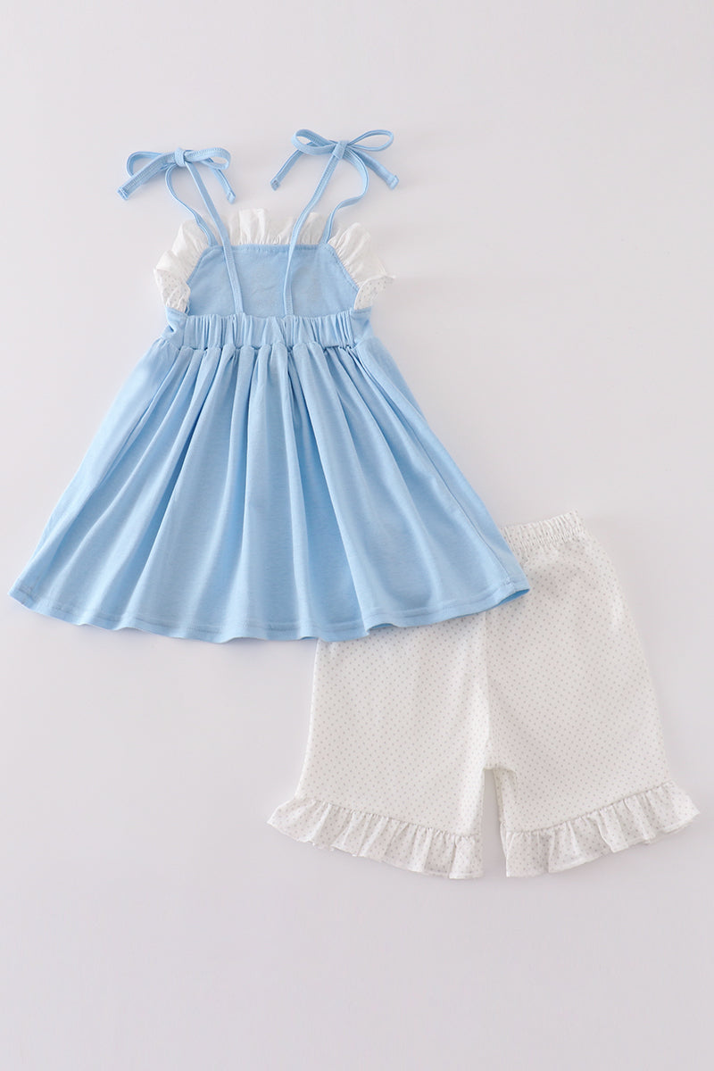 Blue princess embroidery ruffle girl set