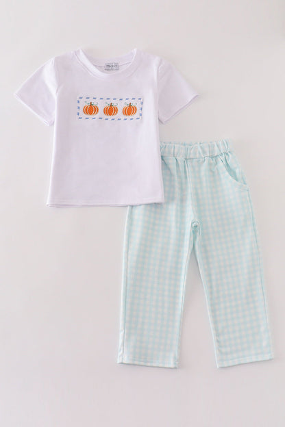 Blue plaid pumpkin embroidery boy set