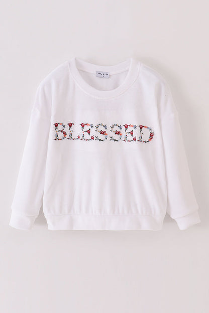 White velvet blessed embroidery mom&me sweatshirt