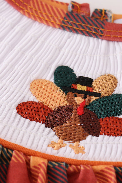 Orange turkey embroidery smocked plaid girl romper