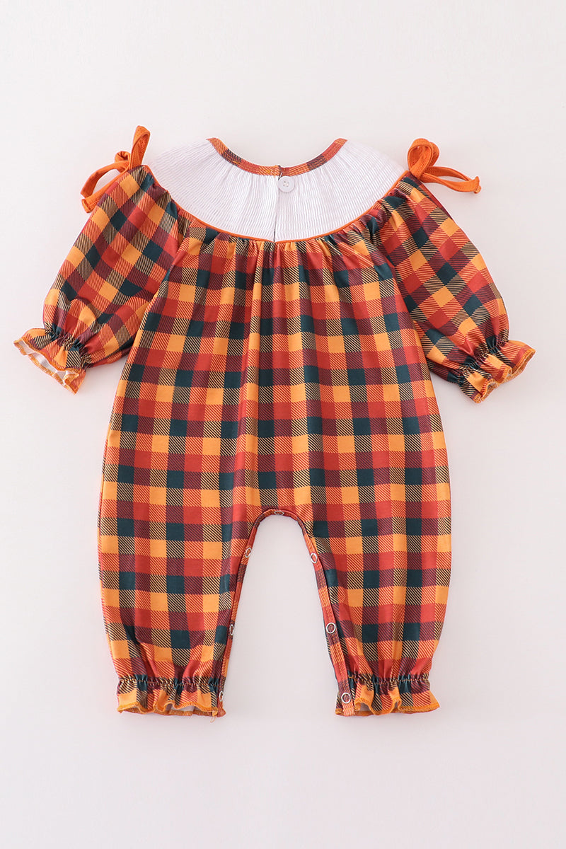 Orange turkey embroidery smocked plaid girl romper