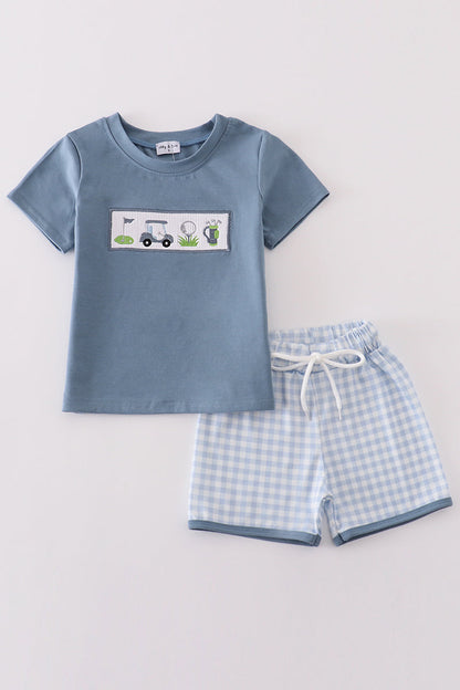 Blue golf embroidery smocked boy set