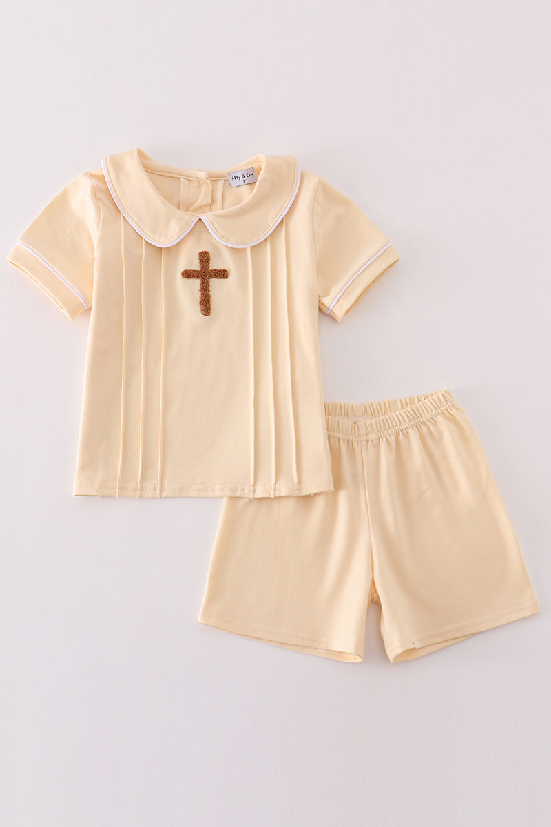 Beige easter cross french knot boy set