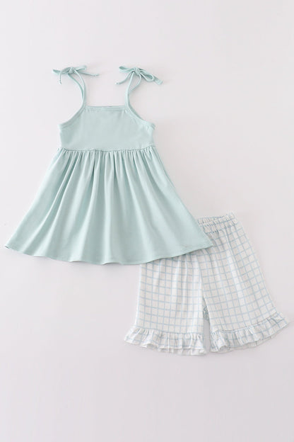 Blue checkered strap girl set