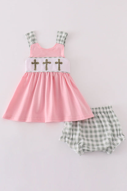 Pink easter cross french knot girl bloomer set