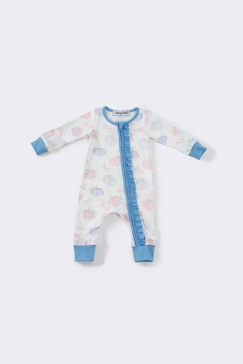 Blue pumpkin print girls romper