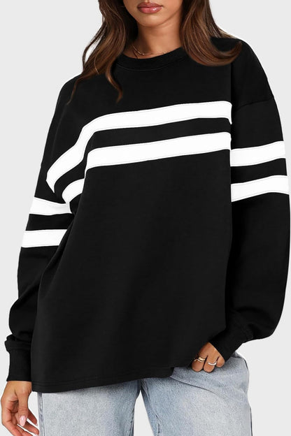 Lovelet Striped Round Neck Dropped Shoulder Sweatshirt