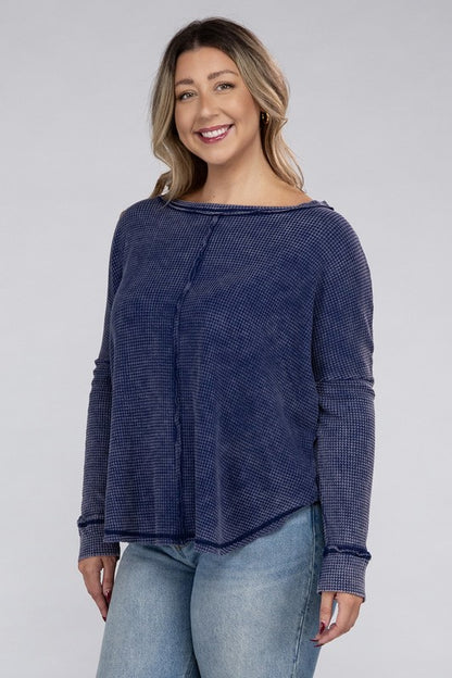 Plus Washed Baby Waffle Oversized Long Sleeve Top