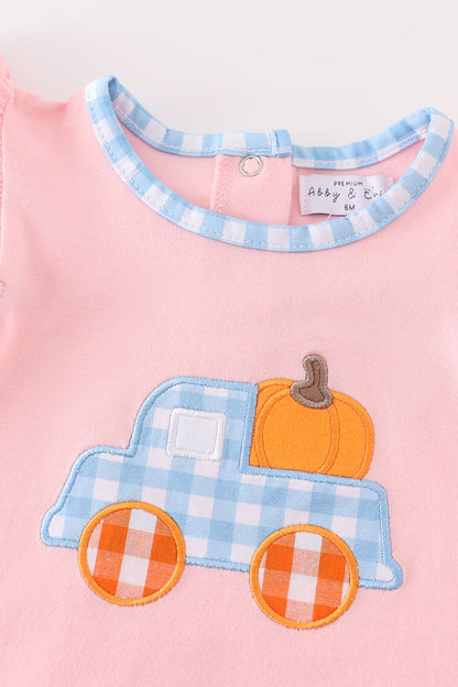 Pink truck pumpkin embroidery girl romper