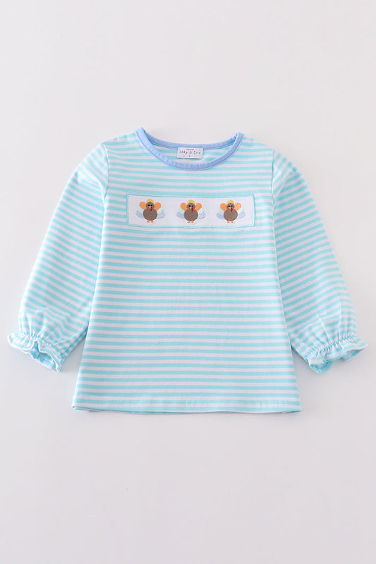 Premium Green stripe turkey embroidery girl top