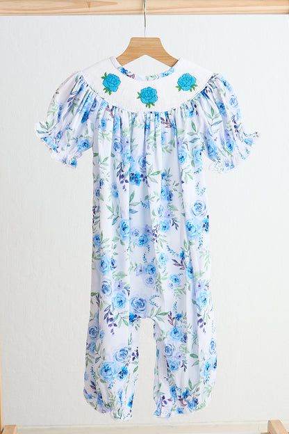 Blue rose hand smocked print girl romper