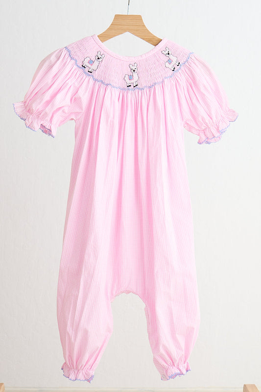 Pink alpaca hand smocked gingham girl romper