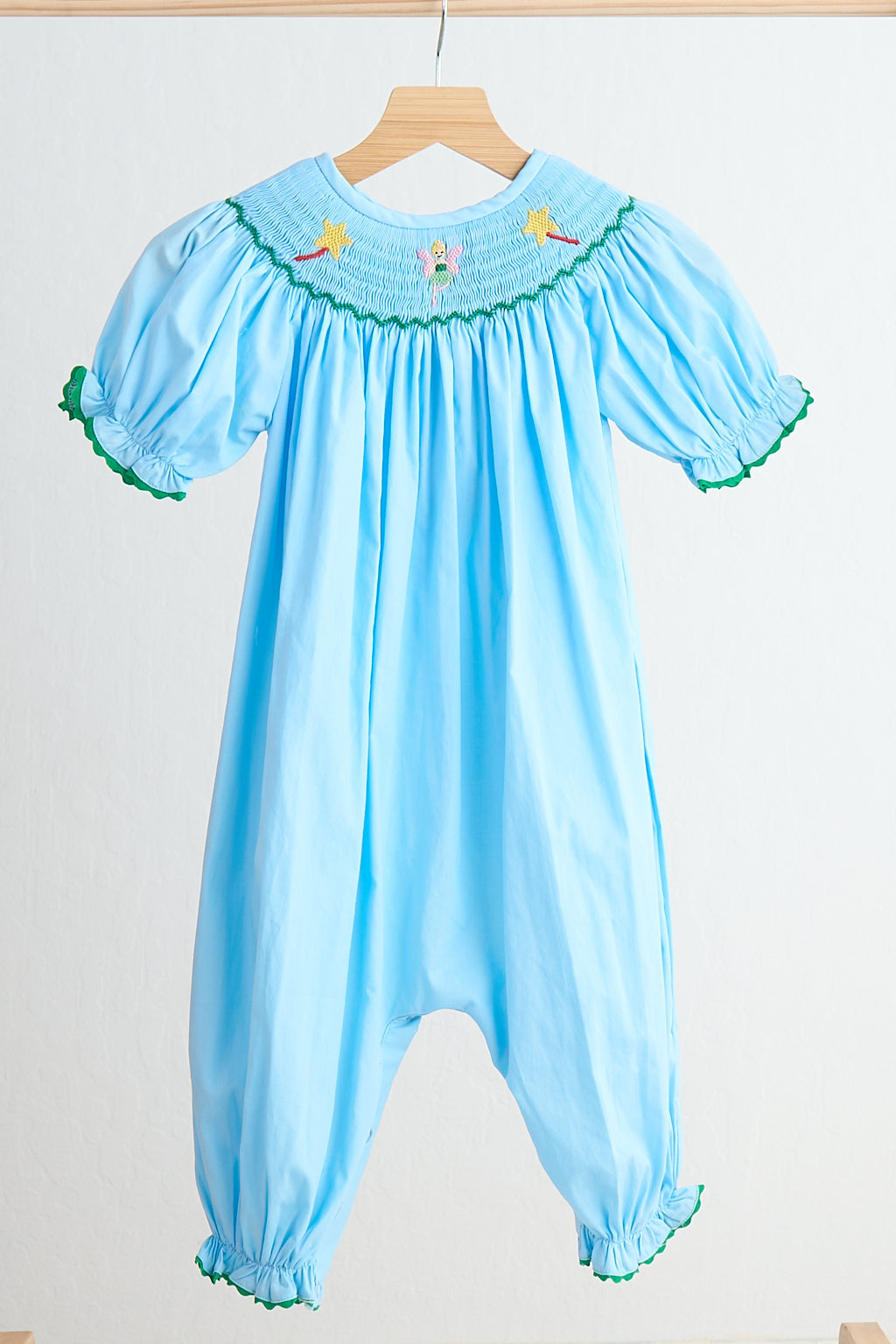 Blue fairy hand smocked gingham girl romper