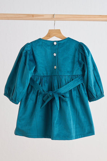 Teal velvet lace girl dress