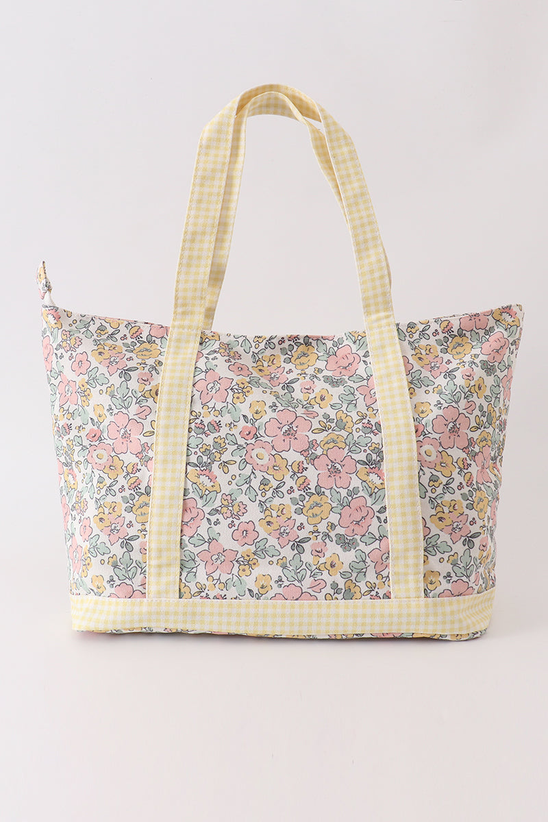 Yellow floral plaid tote bag