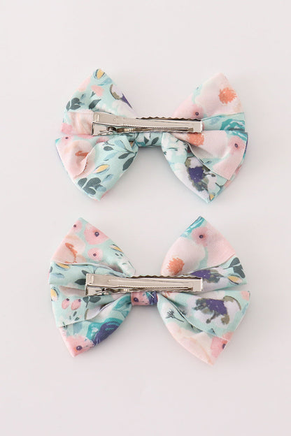 Green garden serenity print girl piggie hair bow