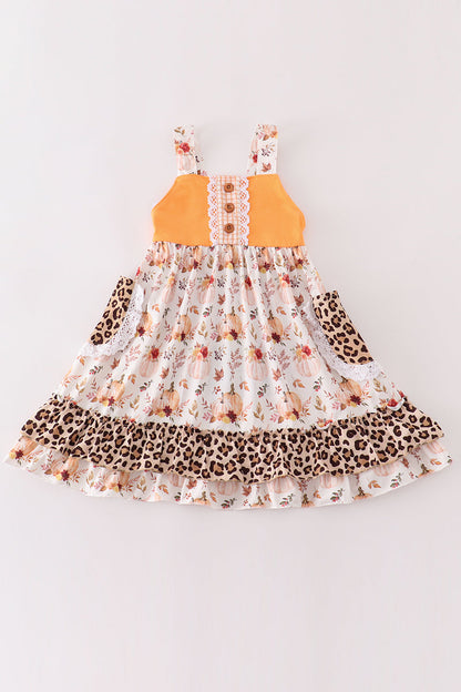 Orange pumpkin leopard ruffle dress