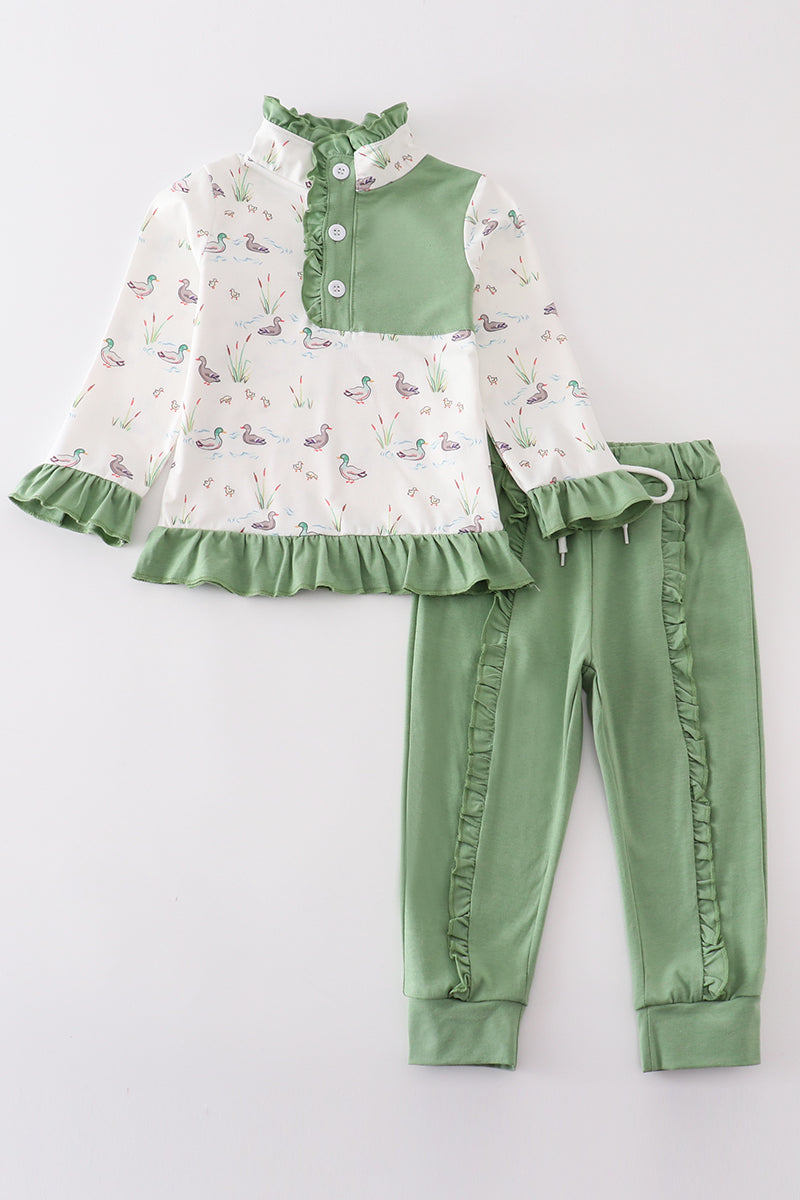 Sage duck print girl jogger ruffle set