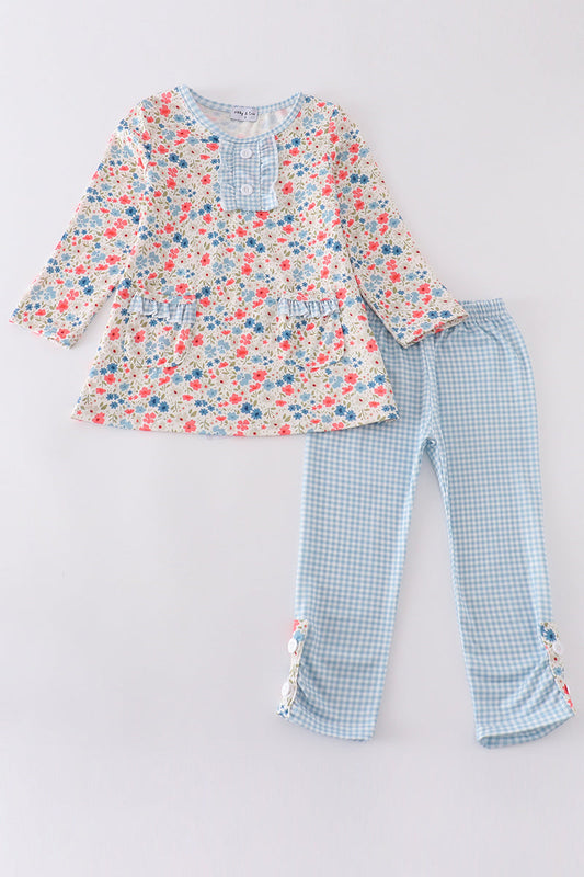 Pink&blue floral print girl set