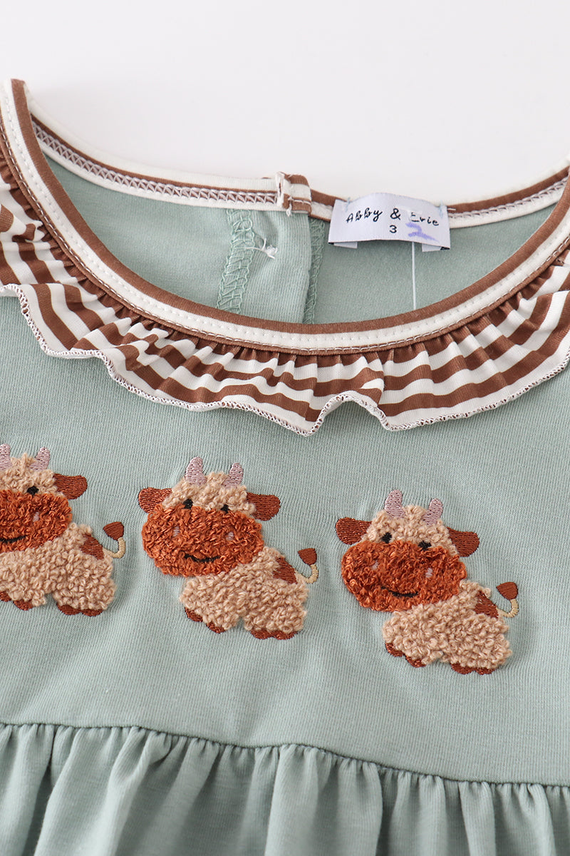 Green farm cow french knot girl set