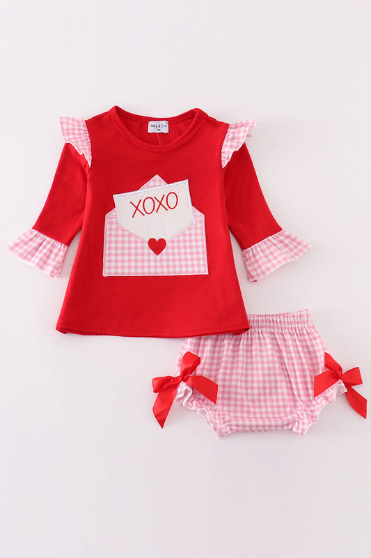 Red valentine XOXO applique girl bloomer set