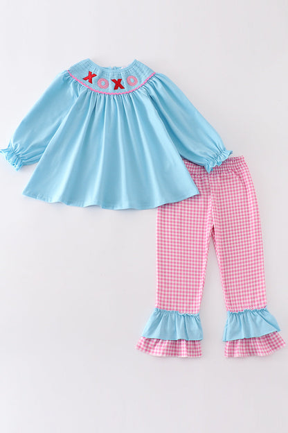 Blue valentine XOXO smocked girl set