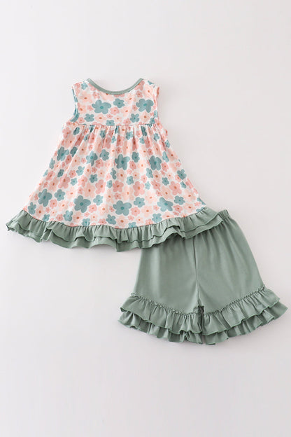 Green floral print girl set