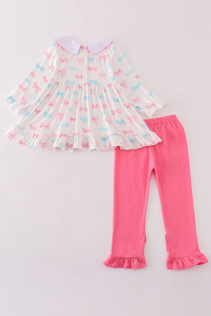 Pink bow embroidery girl set