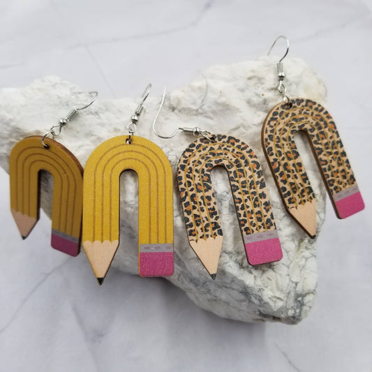 Handmade Wood Leopard Teacher Pencil Earrings: Leopard