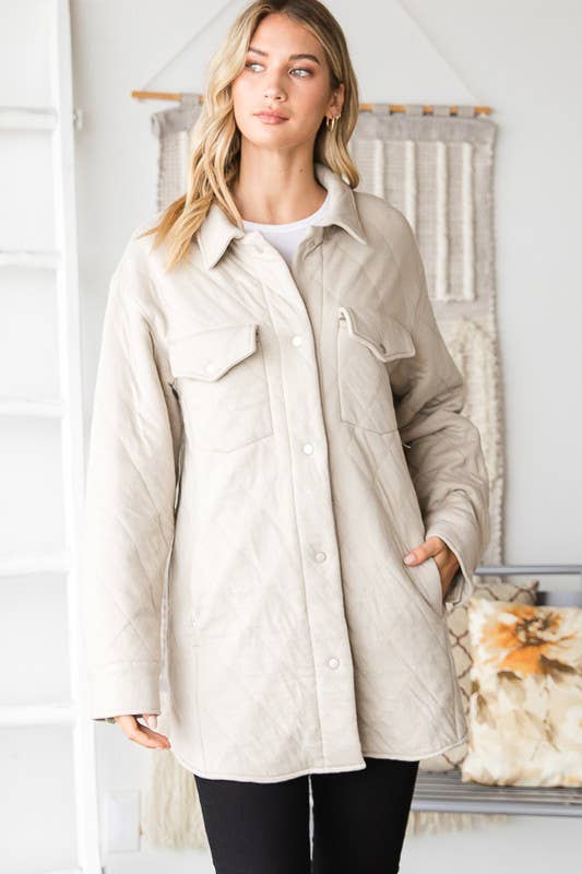 WJ2012 LONG SLEEVE COLLAR BUTTON DOWN JACKET: TAUPE / 3-2-1 (1X-2X-3X)