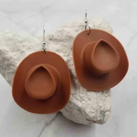 Acrylic Cowgirl Hat Earrings: Brown