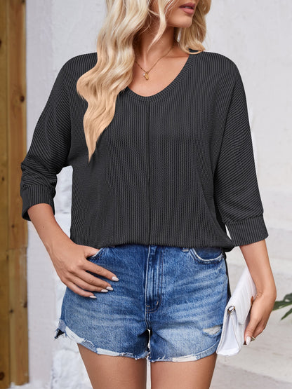 Lovelet Textured Round Neck Three-Quarter Sleeve Blouse