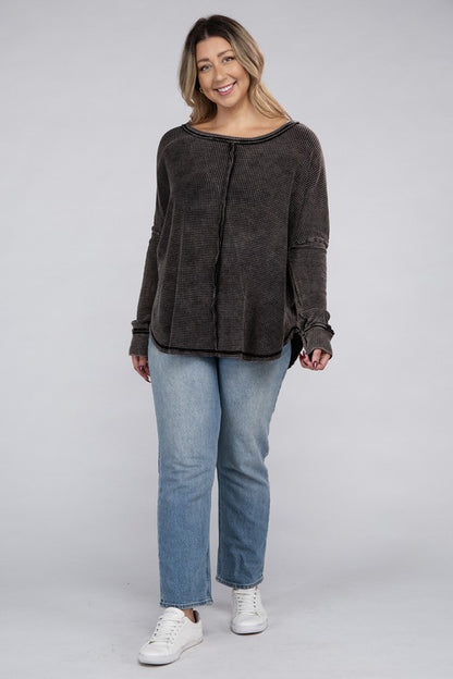 Plus Washed Baby Waffle Oversized Long Sleeve Top